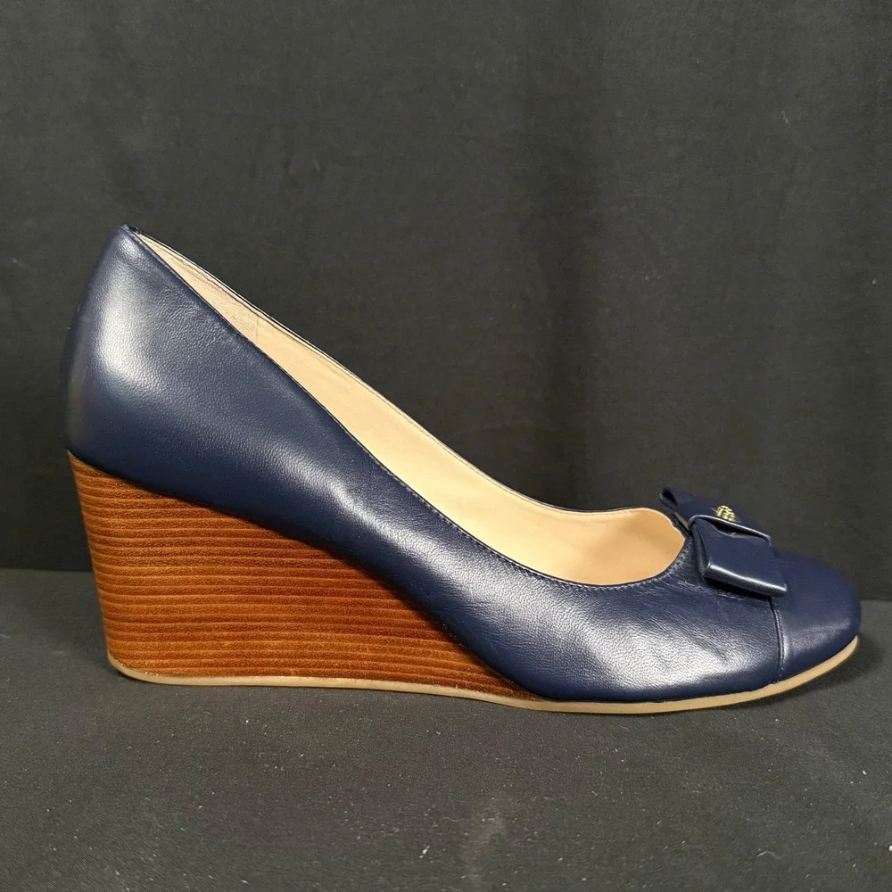Cole Haan Adair Navy Blue Leather Bow Wedge Pumps Shoes Grand.OS W13162 Women 9B